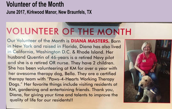 Volunteer of the MonthJune 2017, Kirkwood Manor, New Braunfels, TX