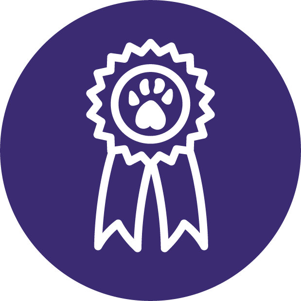 An award ribbon with a paw print in the center, indicating a pet or animal-related achievement or recognition.