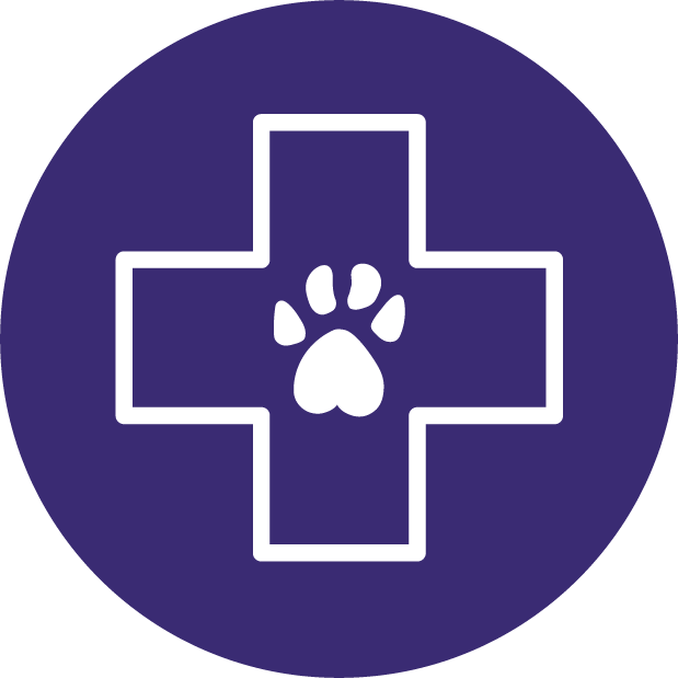 A white medical cross with a paw print in the center on a purple circular background.