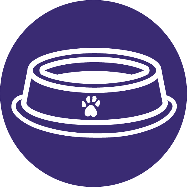 Icon of a dog food bowl with a paw print in the center, on a dark purple circular background.
