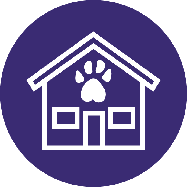 Icon of a pet house with a paw print above the door, on a purple circular background.